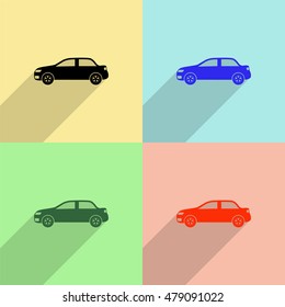 Car profile vector icon - colored set with long  shadow