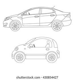 Car profile view. Outline vector illustration. Coloring page for boys.