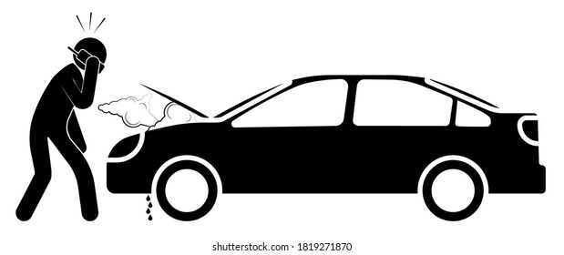 Car and property insurance. Breakdown, accident on road. Stick man calls a tow truck by phone. Safe driving. Vector