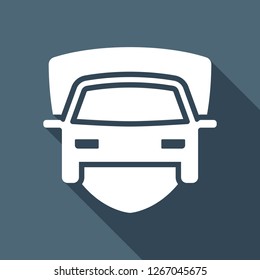 Car protect, shield of secure, auto icon. White flat icon with long shadow on blue background