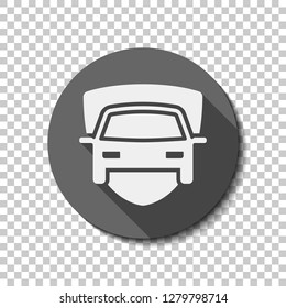 Car protect, shield of secure, auto icon. flat icon, long shadow, circle, transparent grid. Badge or sticker style