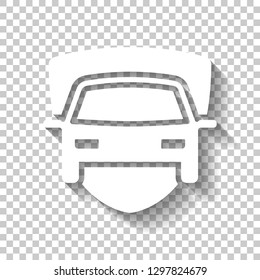 Car protect, shield of secure, auto icon. White icon with shadow on transparent background