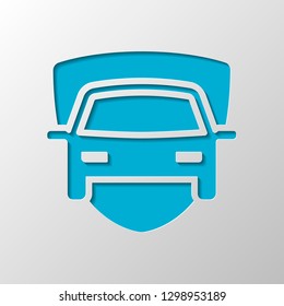 Car protect, shield of secure, auto icon. Paper design. Cutted symbol with shadow