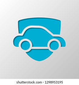 Car protect, shield of secure, auto icon. Paper design. Cutted symbol with shadow