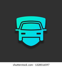 Car protect, shield of secure, auto icon. Colorful logo concept with soft shadow on dark background. Icon color of azure ocean
