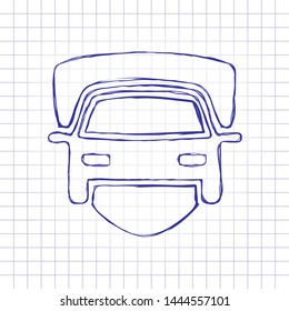 Car protect, shield of secure, auto icon. Hand drawn picture on paper sheet. Blue ink, outline sketch style. Doodle on checkered background