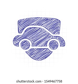 Car protect, shield of secure, auto icon. Hand drawn sketched picture with scribble fill. Blue ink. Doodle on white background