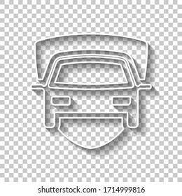 Car protect, shield of secure, auto icon. White outline sign with shadow on transparent background