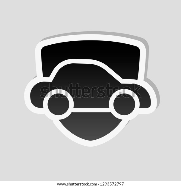 Car protect,\
shield of secure, auto icon. Sticker style with white border and\
simple shadow on gray\
background