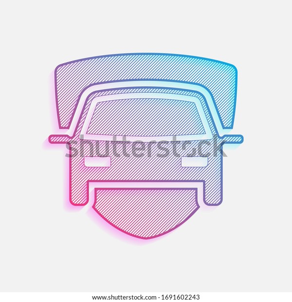 Car protect, shield of secure, auto icon. Colored\
logo with diagonal lines and blue-red gradient. Neon graphic, light\
effect