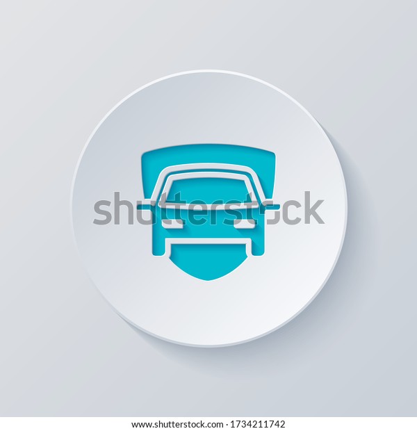 Car protect, shield of secure, auto\
icon. Cut circle with gray and blue layers. Paper\
style