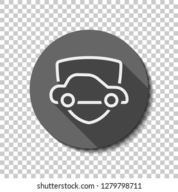 Car protect, shield of secure, linear outline icon. flat icon, long shadow, circle, transparent grid. Badge or sticker style