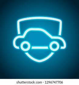 Car Protect, Shield Of Secure, Linear Outline Icon. Neon Style. Light Decoration Icon. Bright Electric Symbol