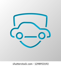 Car protect, shield of secure, linear outline icon. Paper design. Cutted symbol with shadow