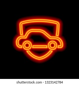 Car protect, shield of secure, linear outline icon. Orange neon style on black background. Light icon