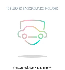 Car protect, shield of secure, linear outline icon. Colorful logo concept with simple shadow on white. 10 different blurred backgrounds included