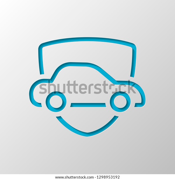 Car protect, shield of secure,\
linear outline icon. Paper design. Cutted symbol with\
shadow