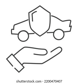 icono de protección del coche, cuidado y seguridad para el automóvil, coche con icono de escudo, autoseguro de logotipo, símbolo web de línea delgada sobre fondo blanco - ilustración de vector de trazo editable eps10.