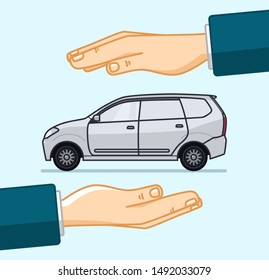 car protection. Insurance concept. Insurance agent holds in hands symbol. Vector illustration flat design.