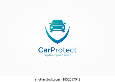 Car Protection Logo. Blue Shape Car Icon with Shield Combination isolated on White Background. Usable for Transportation and Technology Logos. Flat Vector Logo Design Template Element.