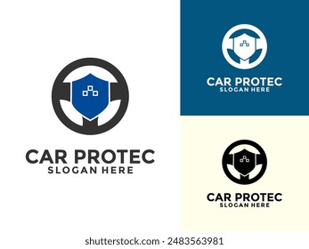 Plantilla del Vector del logotipo de la protección del coche, diseño simple del logotipo de un coche con el gráfico del escudo