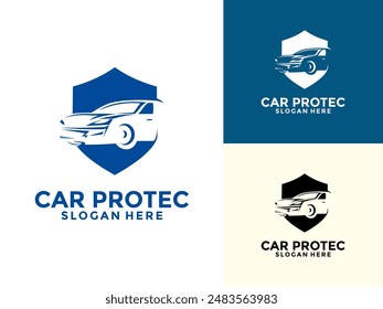 Plantilla del Vector del logotipo de la protección del coche, diseño simple del logotipo de un coche con el gráfico del escudo