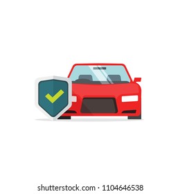 Car protection vector symbol, flat cartoon auto with shield and tick, concept of protected automobile sign, car insurance, vehicle guard label isolated on white