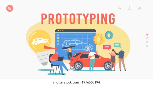 Car Prototyping Landing Page Template. Engineer Designer Characters Perform Automobile Prototype Project, Machinery Projecting Industry, Customers Buying New Auto. Cartoon People Vector Illustration
