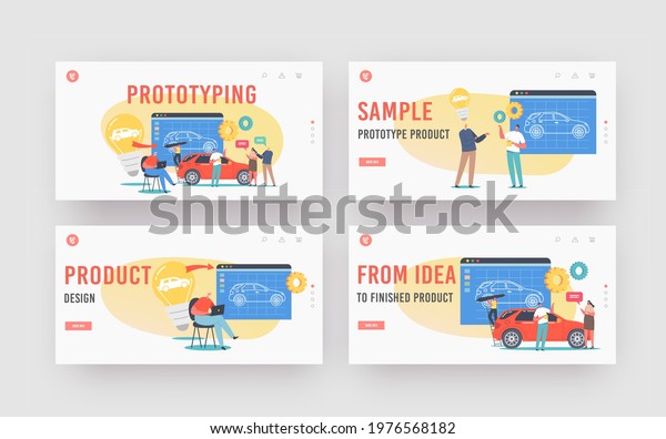 Car Prototyping Landing Page Template Set.\
Engineer Characters Perform Automobile Prototype Project, Machinery\
Projecting Industry, Customers Buying New Auto. Cartoon People\
Vector Illustration