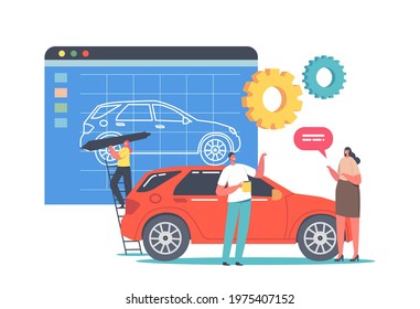 Car Prototyping Process, Transportation Prototype Creation. Tiny Designer Character Painting Huge Model Of Automobile In Program. Seller Offer New Model To Buyer . Cartoon People Vector Illustration