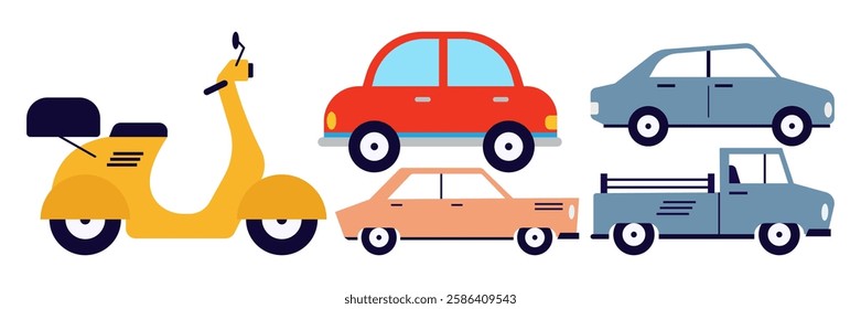 Car and Public Transport Hand Draw Style. Cartoon Transportation Doodles set. Children's products. Emergency vehicles and Construction Equipment