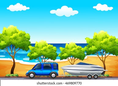 Car Pulling Boat Near The Beach Illustration