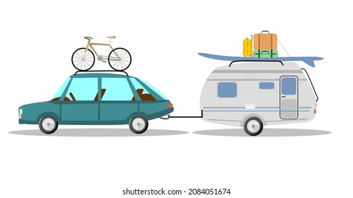 Car pulling camping trailer on white background. Side view of fifth wheel camper and truck. Camping caravan set.  Isolated pickup with recreational vehicle vector illustration. Mobile home