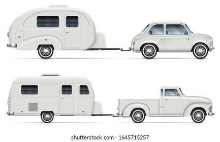 Car pulling RV camping trailer on white background. Side view of pickup truck with recreational vehicle isolated vector illustration