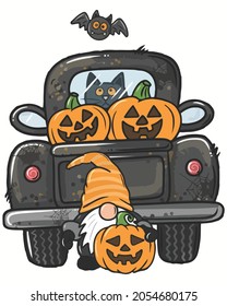 Car Pumkins Gnomes Cute Happy Halloween Vector illustration. Happy Halloween Background Vector illustration