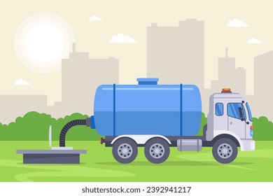 car pumping waste out of the sewer. flat vector illustration.