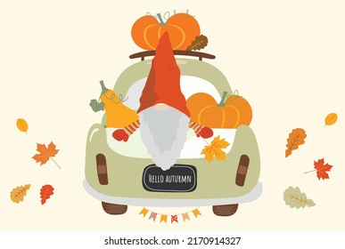 Car with pumpkins autumn vector paint for halloween design and decoration. Cartoon fall paint with vehicle and leaves