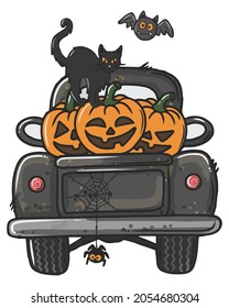 Car Pumpkins Cute Happy Halloween Vector illustration. Happy Halloween Background Vector illustration