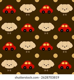 Car  puppy on brown background , polka dots , fabric pattern , gift wrap ,seamless pattern 