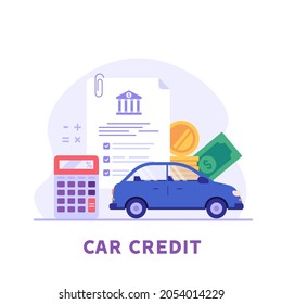 Car purchase with bank loan. Succesful buying new automobile on motor credit. Concept of auto credit, car loan, auto finance, banking products. Vector illustration in flat for web banners, UI