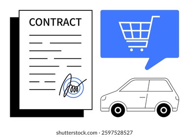 Car purchase contract signed, digital shopping cart icon in blue, car illustration. Ideal for automotive sales, e-commerce, digital contracts, online shopping, legal agreements, business deals