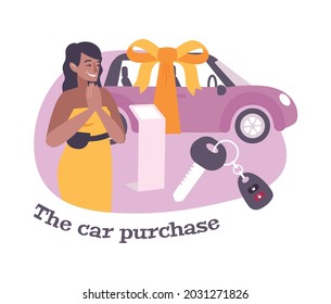 Car purchase flat composition with happy woman owner and keys vector illustration