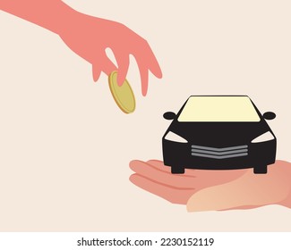 Car purchase, flat vector stock illustration isolated for design with coin in hand