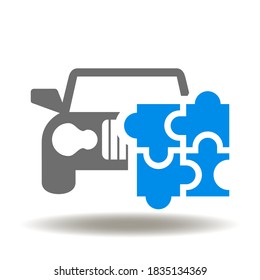 Vector de icono de piezas del rompecabezas del coche. Señal de tecnología de autoproducción inteligente. Símbolo del vehículo de los logotipos.