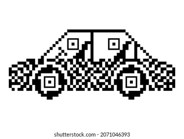 Car QR code pixelated icon with driver and passenger isolated on white background. Quick response code image for taxi logo, website, shuttle service, transfer symbol or other use. Vector illustration.