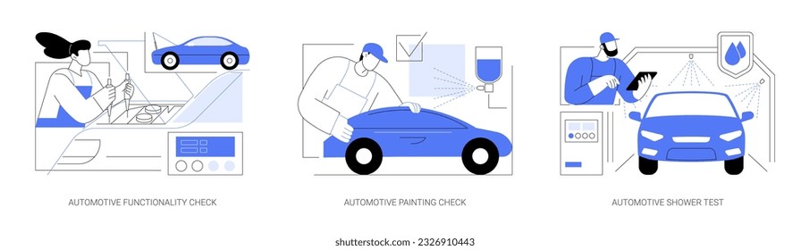 Conjunto de ilustraciones vectoriales abstractas de inspección de la calidad del automóvil. Comprobación de la funcionalidad del motor de automoción, inspección de calidad de pintura, ensayo de ducha del vehículo, metáfora abstracta impermeable.