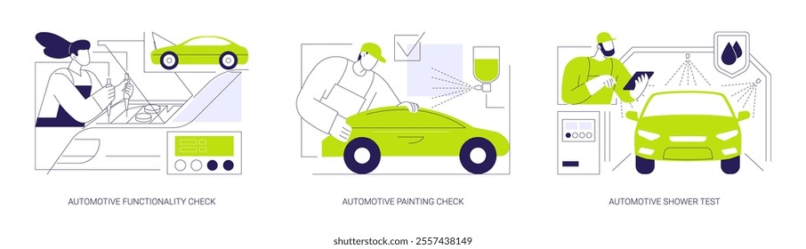 Car quality inspection abstract concept vector illustration set. Automotive engine functionality check, painting quality inspection, vehicle shower test, waterproofing abstract metaphor.