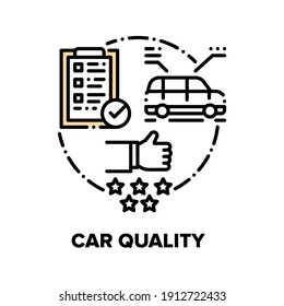 Car Quality Vector Icon Concept. Automobile Build Construction Checking Quality With Checklist And Diagnostic In Repair Shop. Service And Transport Customer Review And Backfeed Black Illustration