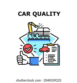 Car Quality Vector Icon Concept. Car Quality Manufacturing Factory And Vehicle Certification, Customer Thumb Up And Gesturing Good Feedback. Automobile Production Color Illustration