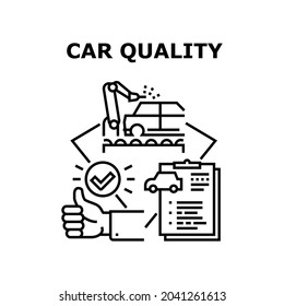 Car Quality Vector Icon Concept. Car Quality Manufacturing Factory And Vehicle Certification, Customer Thumb Up And Gesturing Good Feedback. Automobile Production Black Illustration